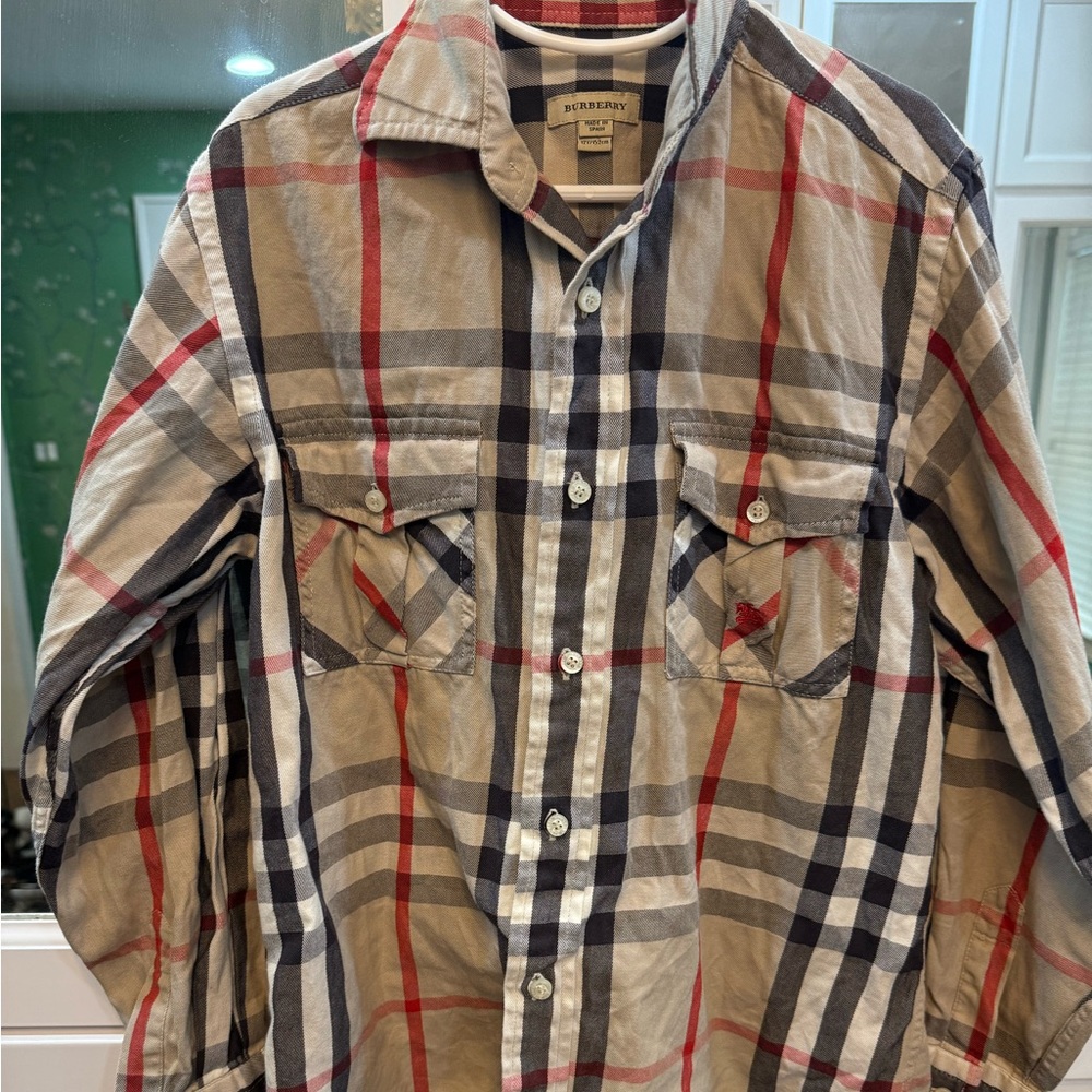 Youth Burberry plaid button-down shirt, size 12. Made in Spain (not Thailand)
